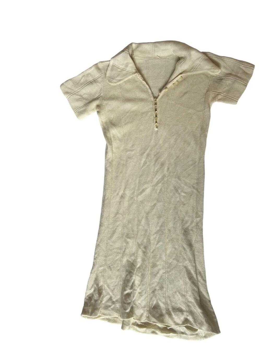 Vintage Cream Short-Sleeve Knit Dress Collar & Button Front - Picture 5 of 9